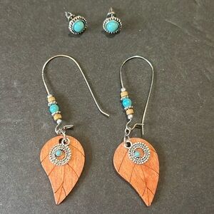 NWOT 2 PRs. Bohemian Wooden Leaf Beaded Earrings